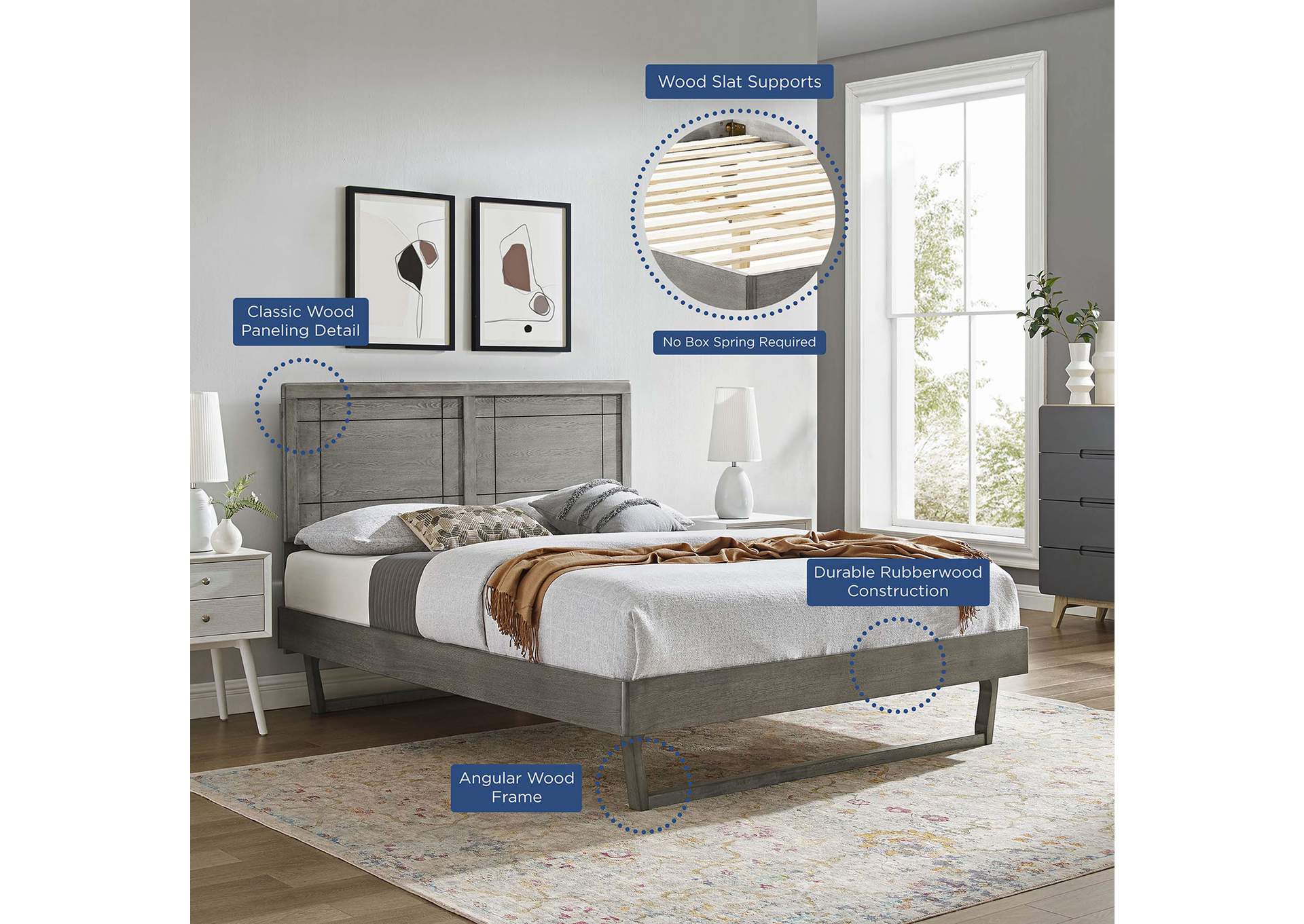 Gray Marlee King Wood Platform Bed With Angular Frame,Modway