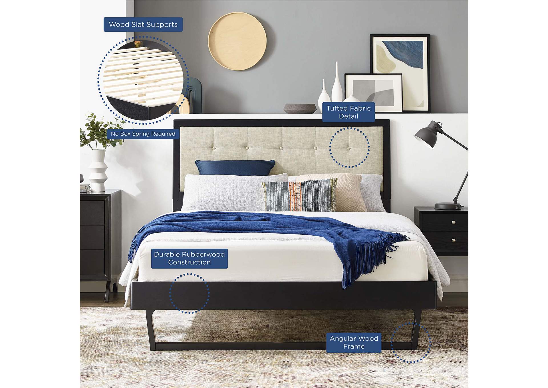 Black Beige Willow King Wood Platform Bed With Angular Frame,Modway