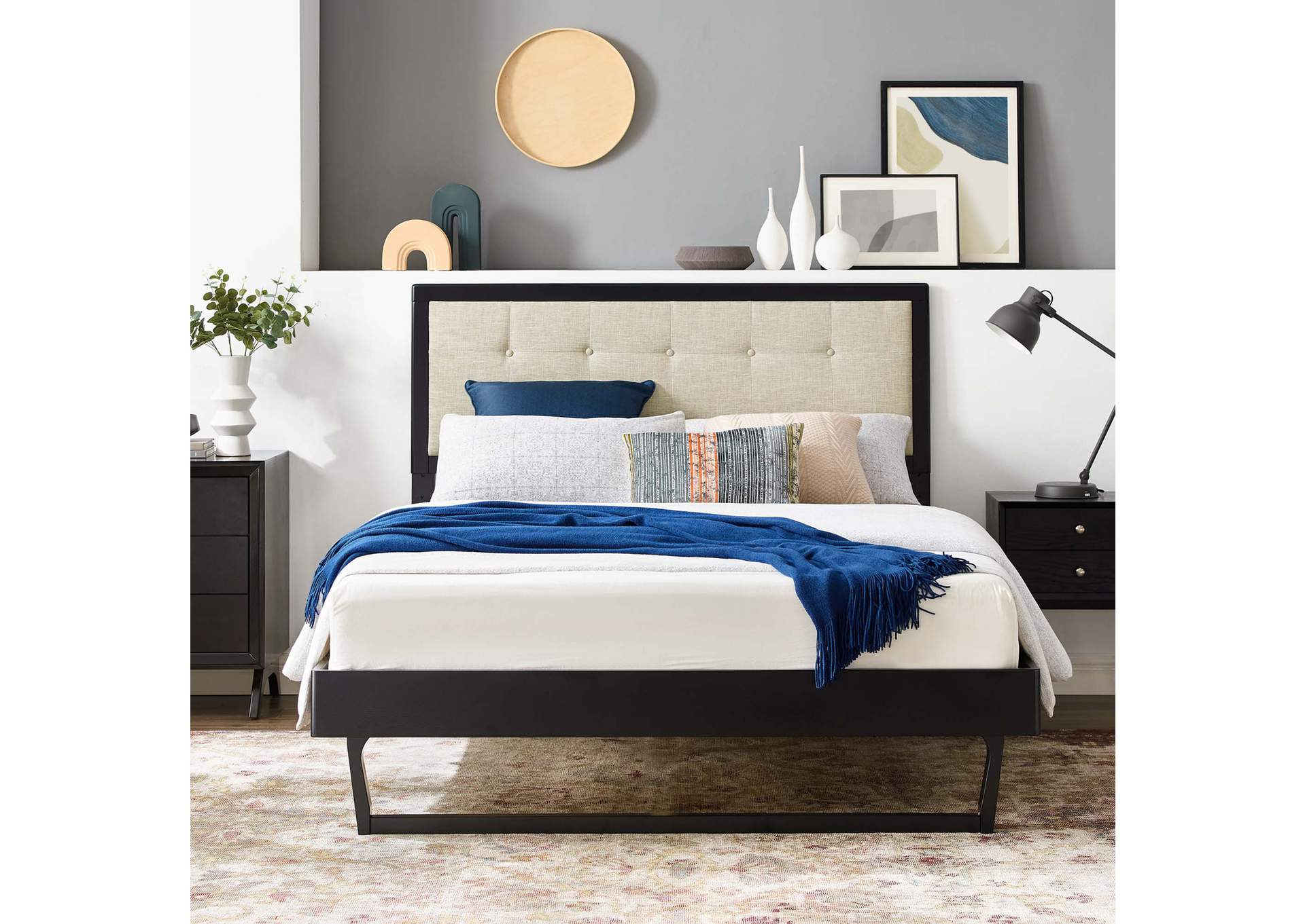 Black Beige Willow King Wood Platform Bed With Angular Frame,Modway