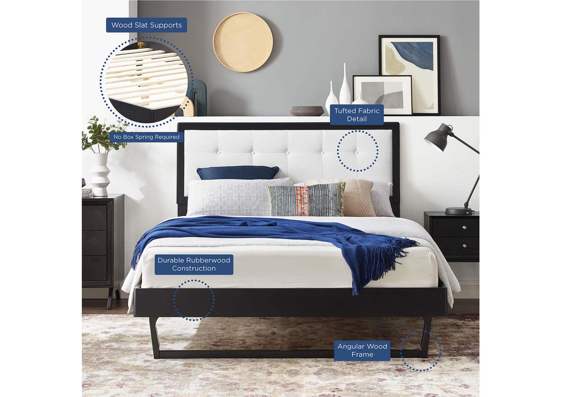 Black White Willow King Wood Platform Bed With Angular Frame,Modway