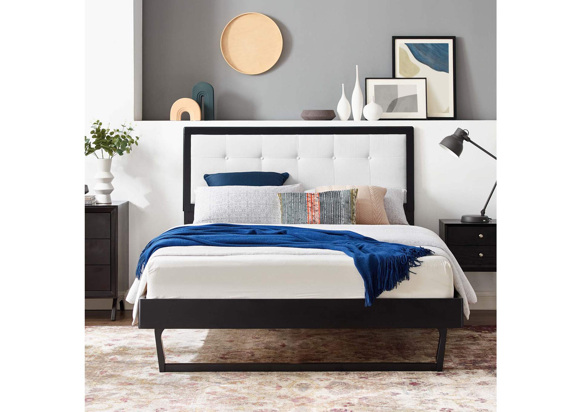 Black White Willow King Wood Platform Bed With Angular Frame,Modway