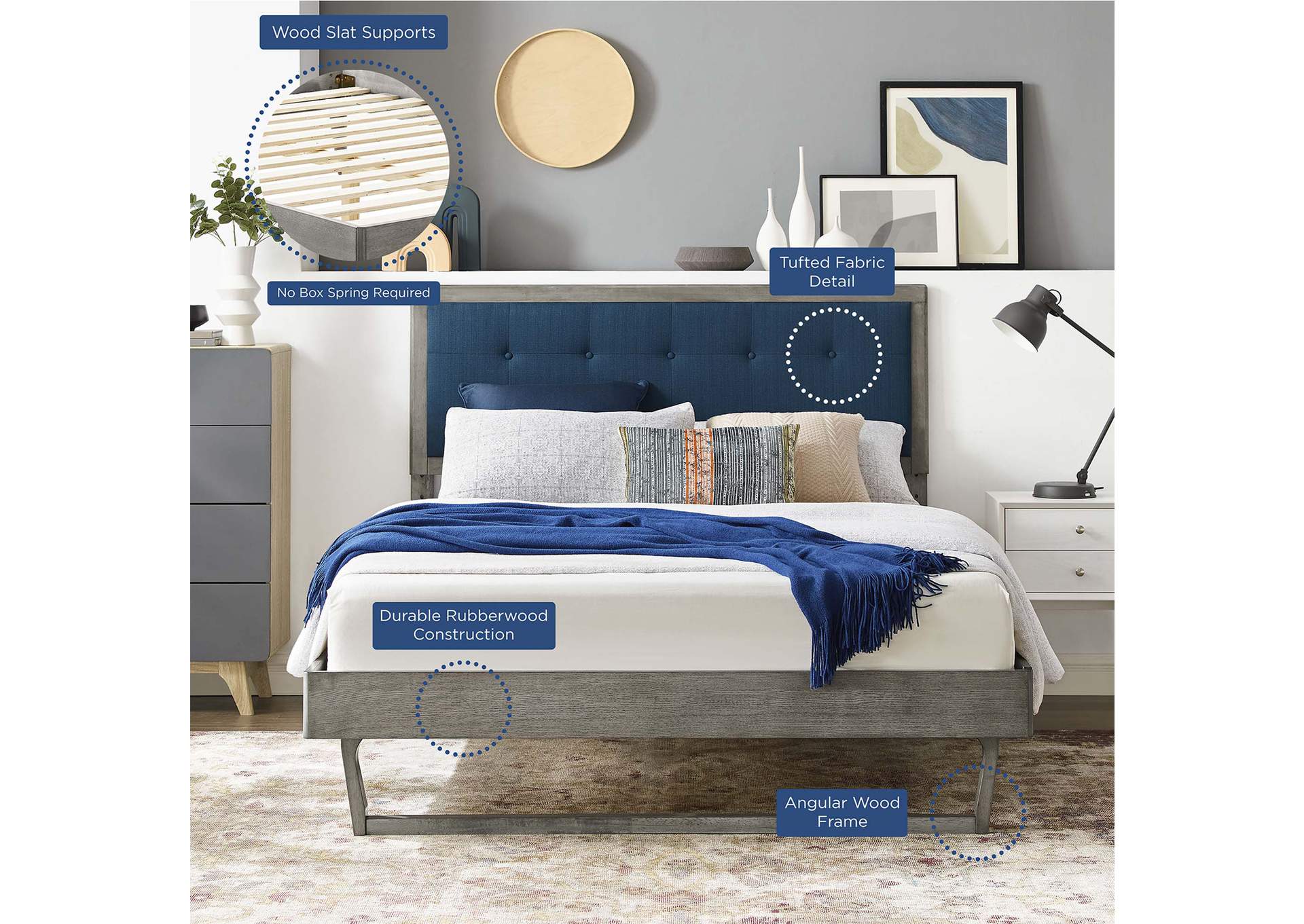Gray Azure Willow King Wood Platform Bed With Angular Frame,Modway