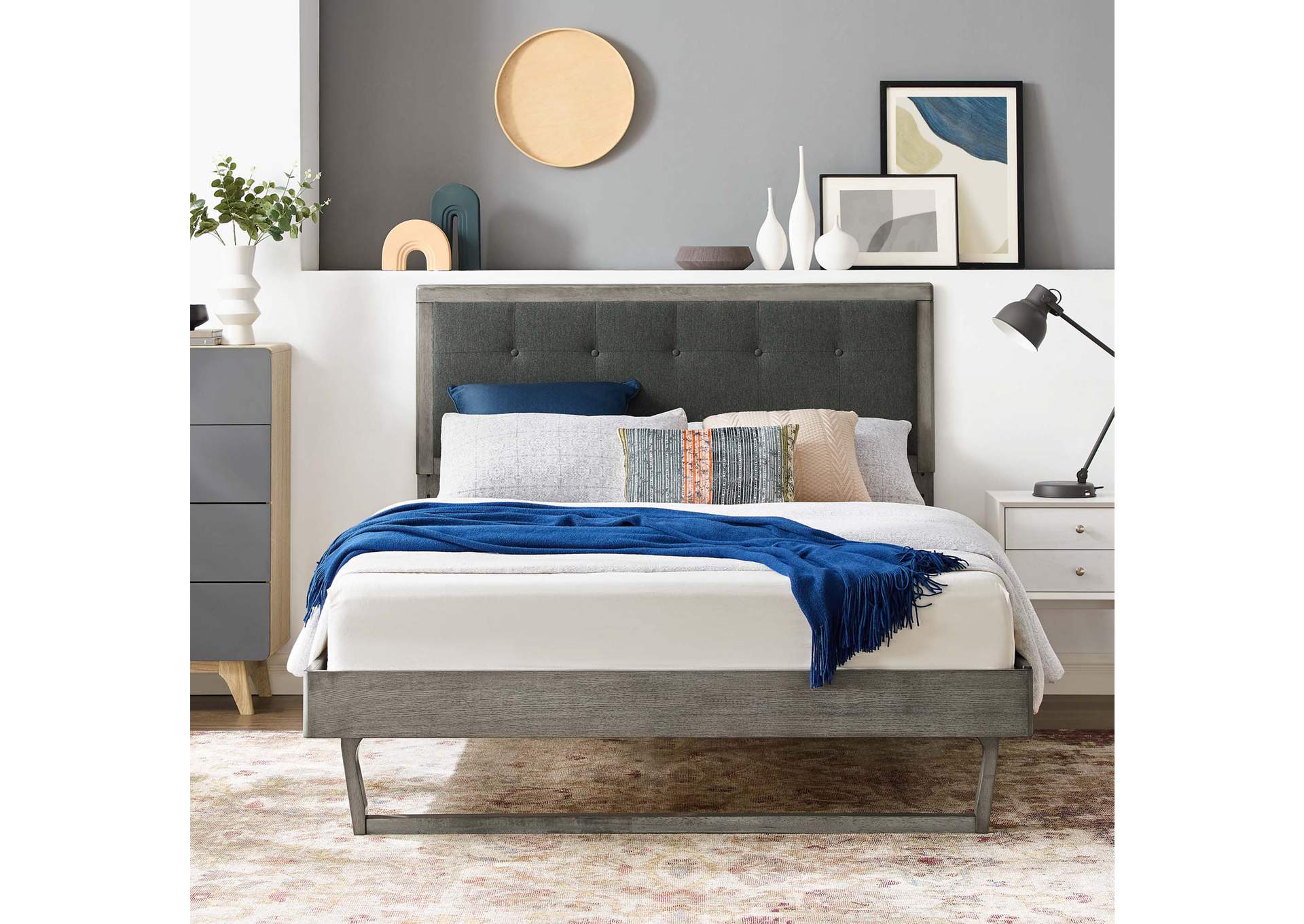 Gray Charcoal Willow King Wood Platform Bed With Angular Frame,Modway