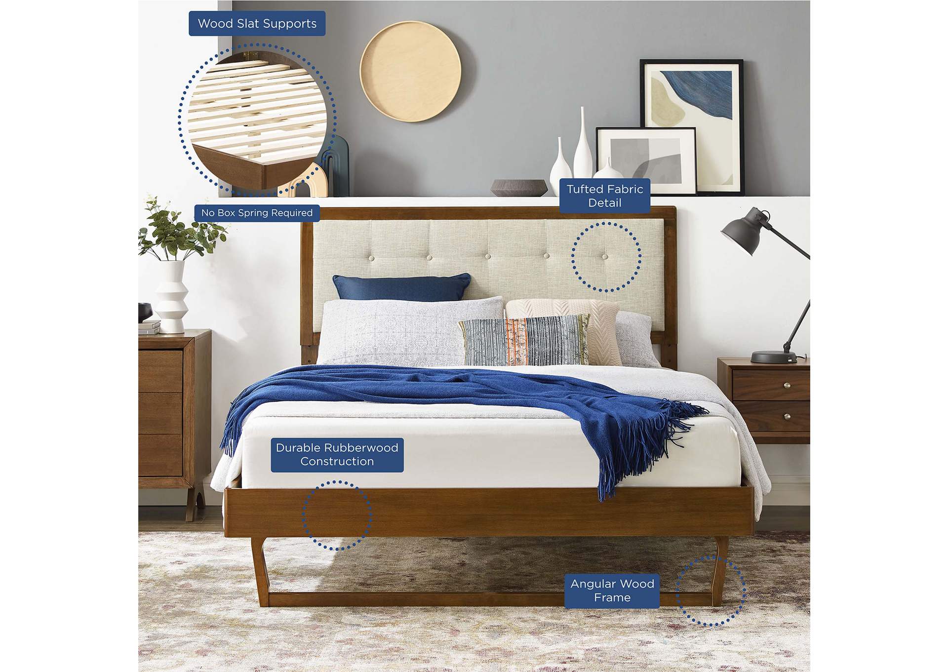 Walnut Beige Willow King Wood Platform Bed With Angular Frame,Modway