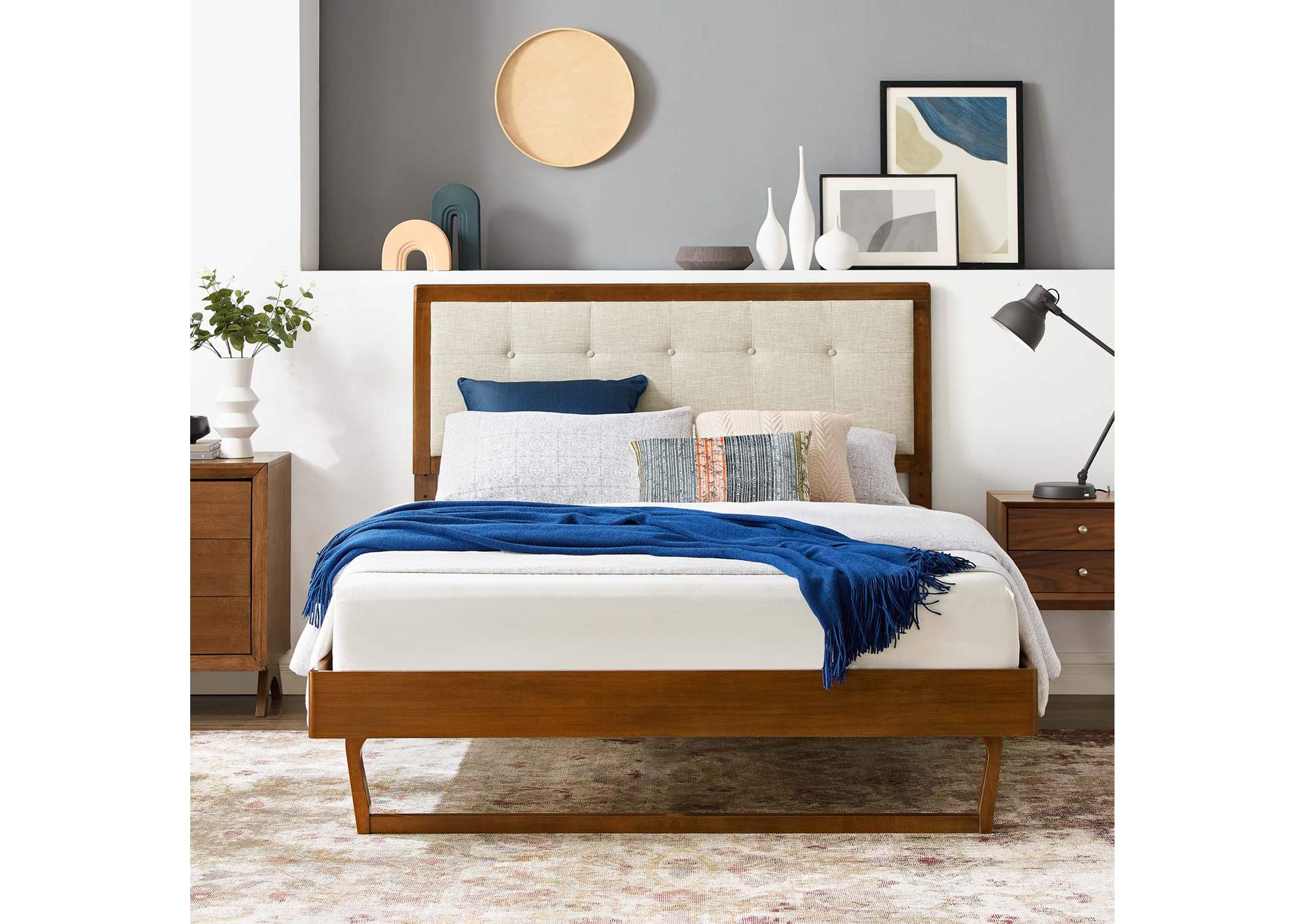 Walnut Beige Willow King Wood Platform Bed With Angular Frame,Modway