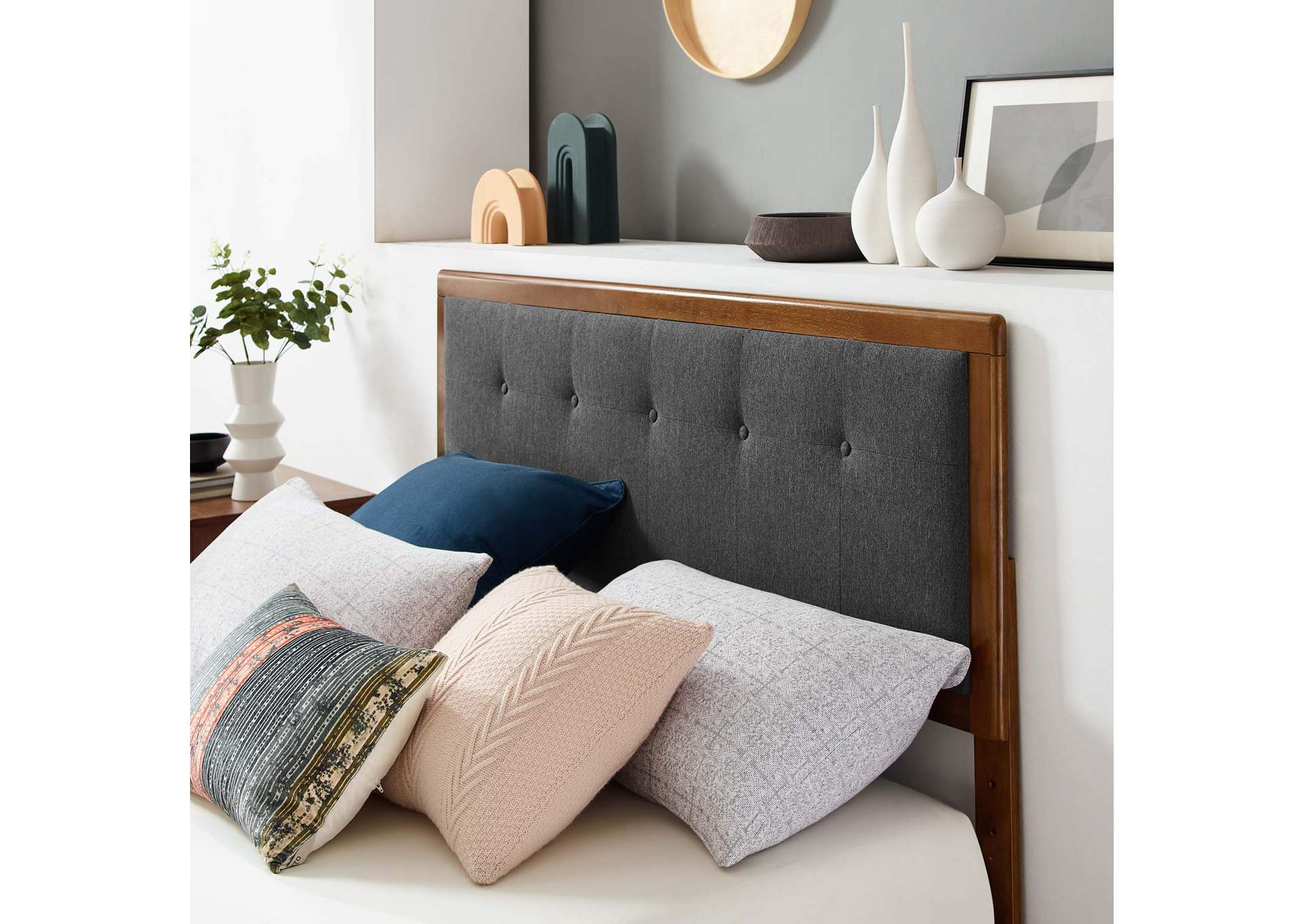 Walnut Charcoal Willow King Wood Platform Bed With Angular Frame,Modway