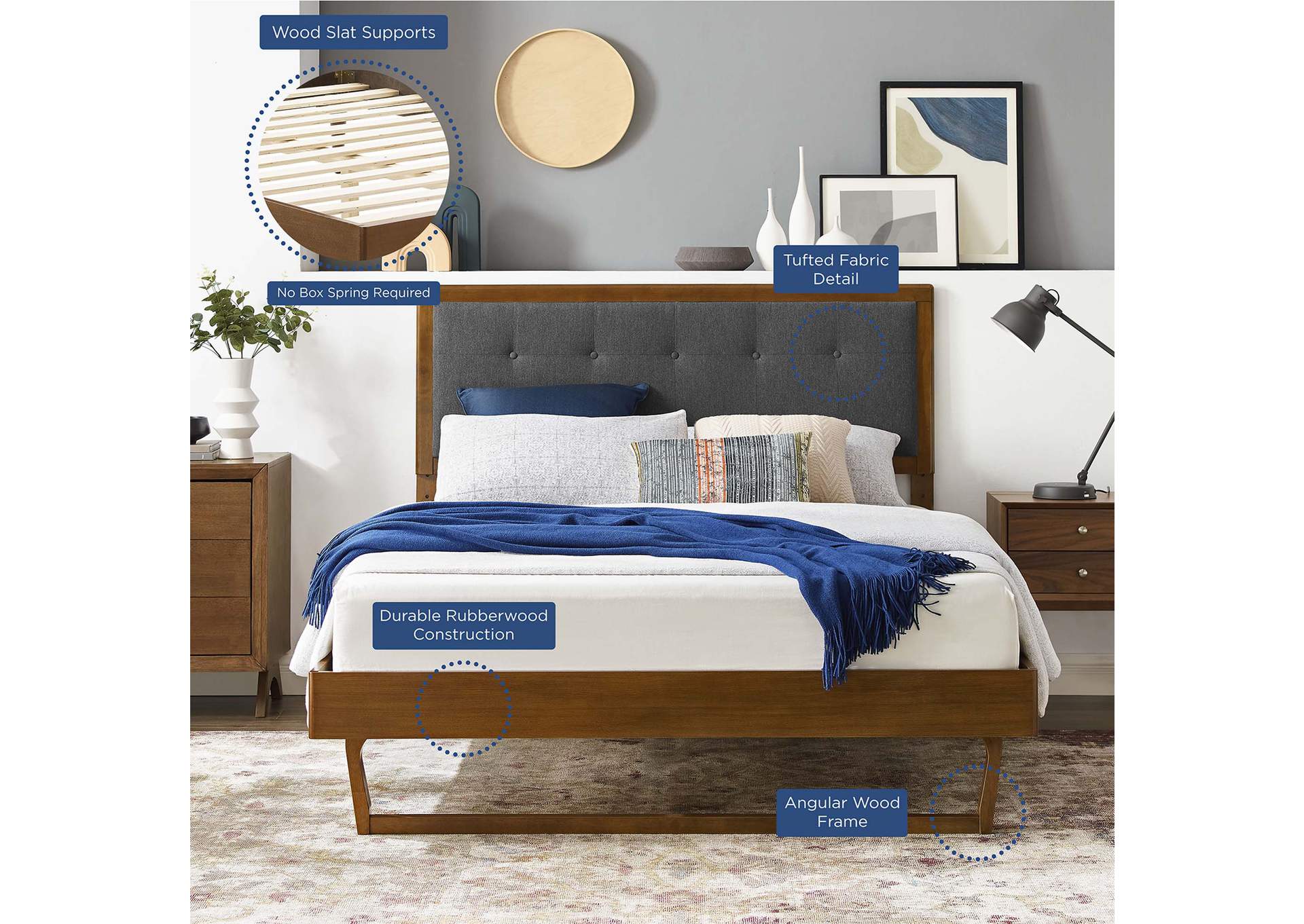 Walnut Charcoal Willow King Wood Platform Bed With Angular Frame,Modway