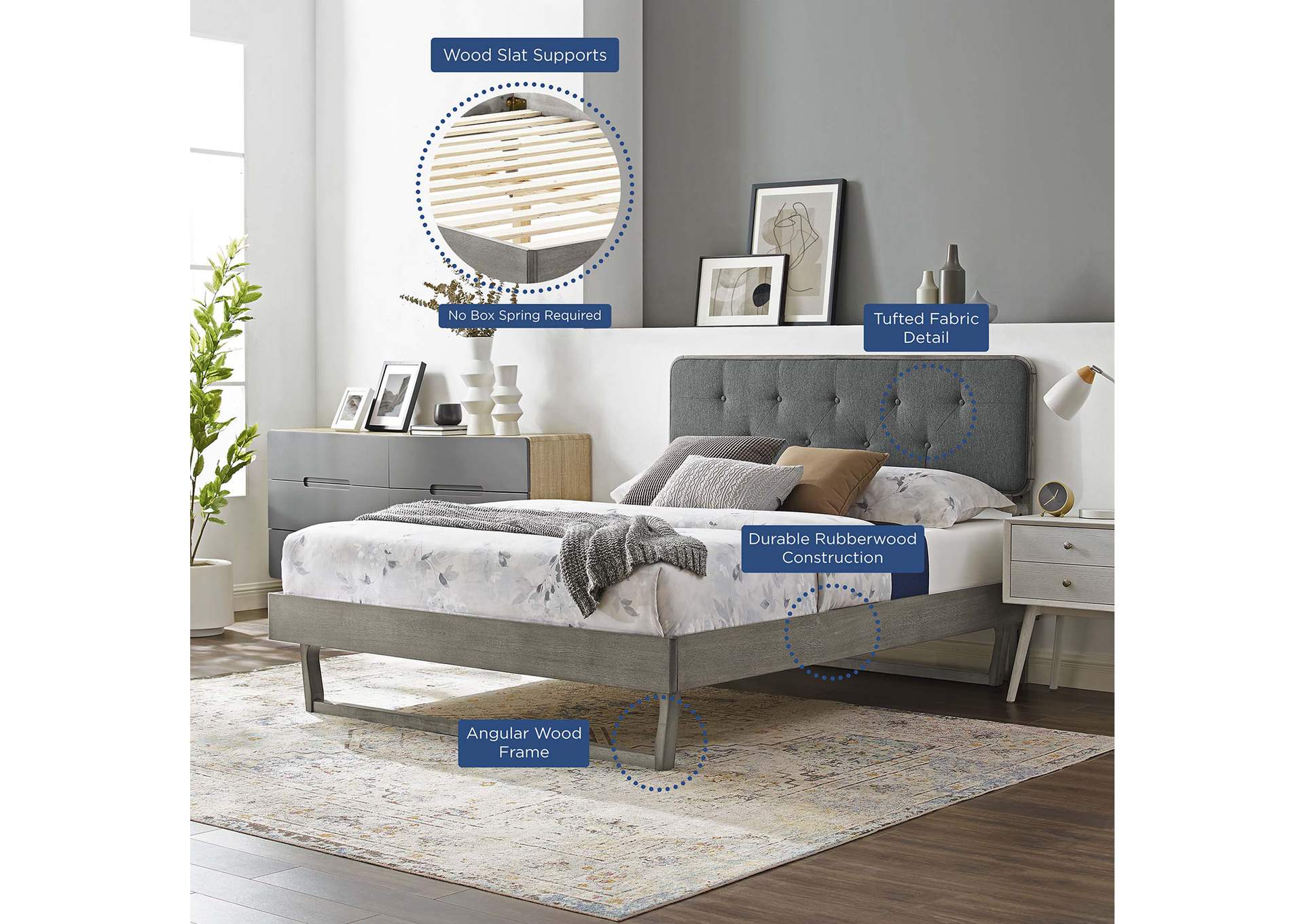 Gray Charcoal Bridgette King Wood Platform Bed With Angular Frame,Modway