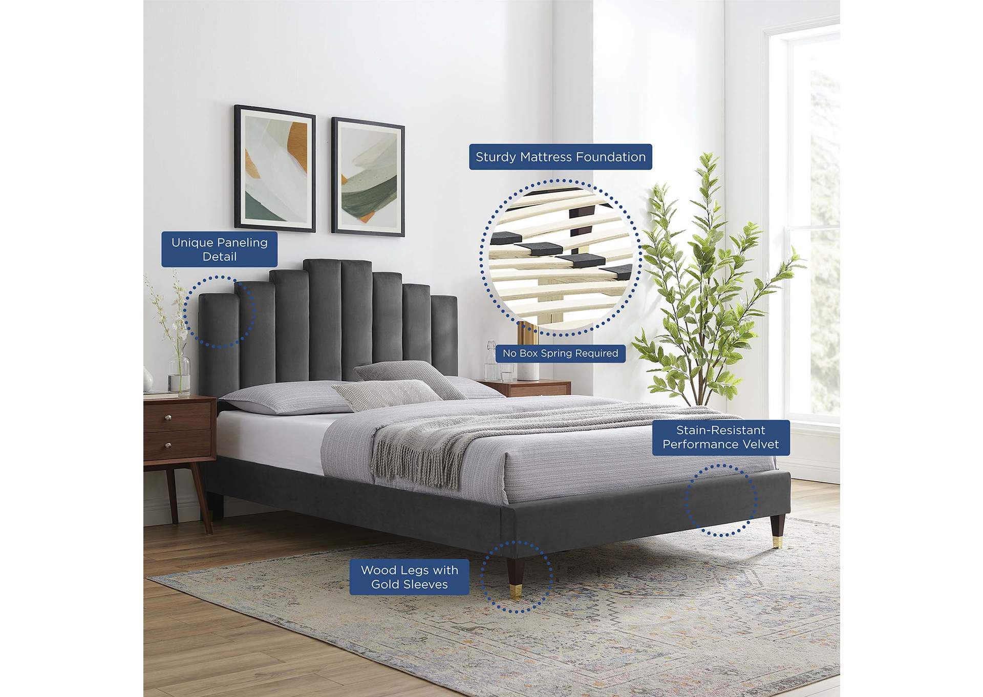 Charcoal Elise Queen Performance Velvet Platform Bed,Modway
