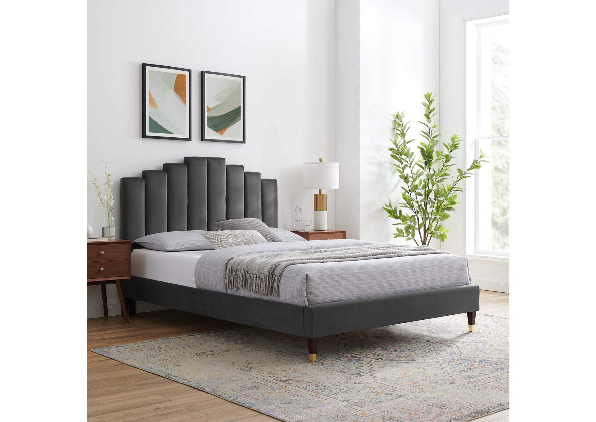 Charcoal Elise Queen Performance Velvet Platform Bed,Modway