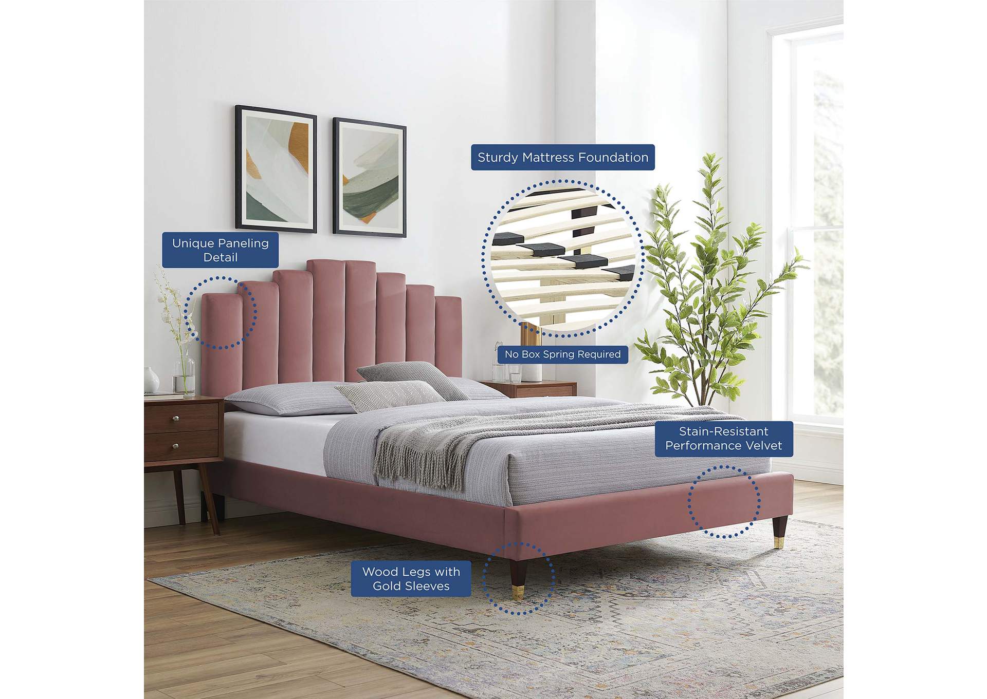 Dusty Rose Elise Queen Performance Velvet Platform Bed,Modway