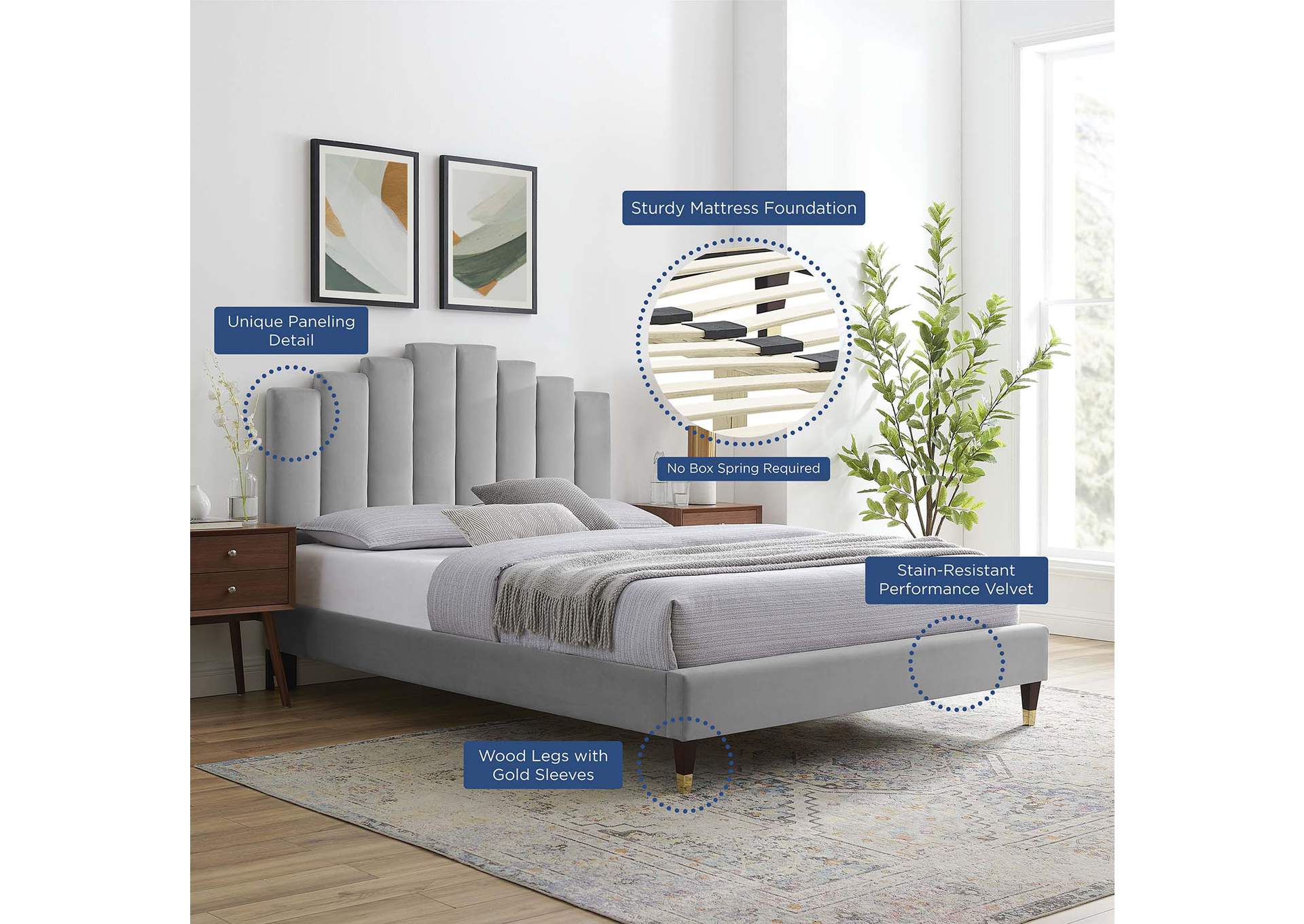 Light Gray Elise Queen Performance Velvet Platform Bed,Modway