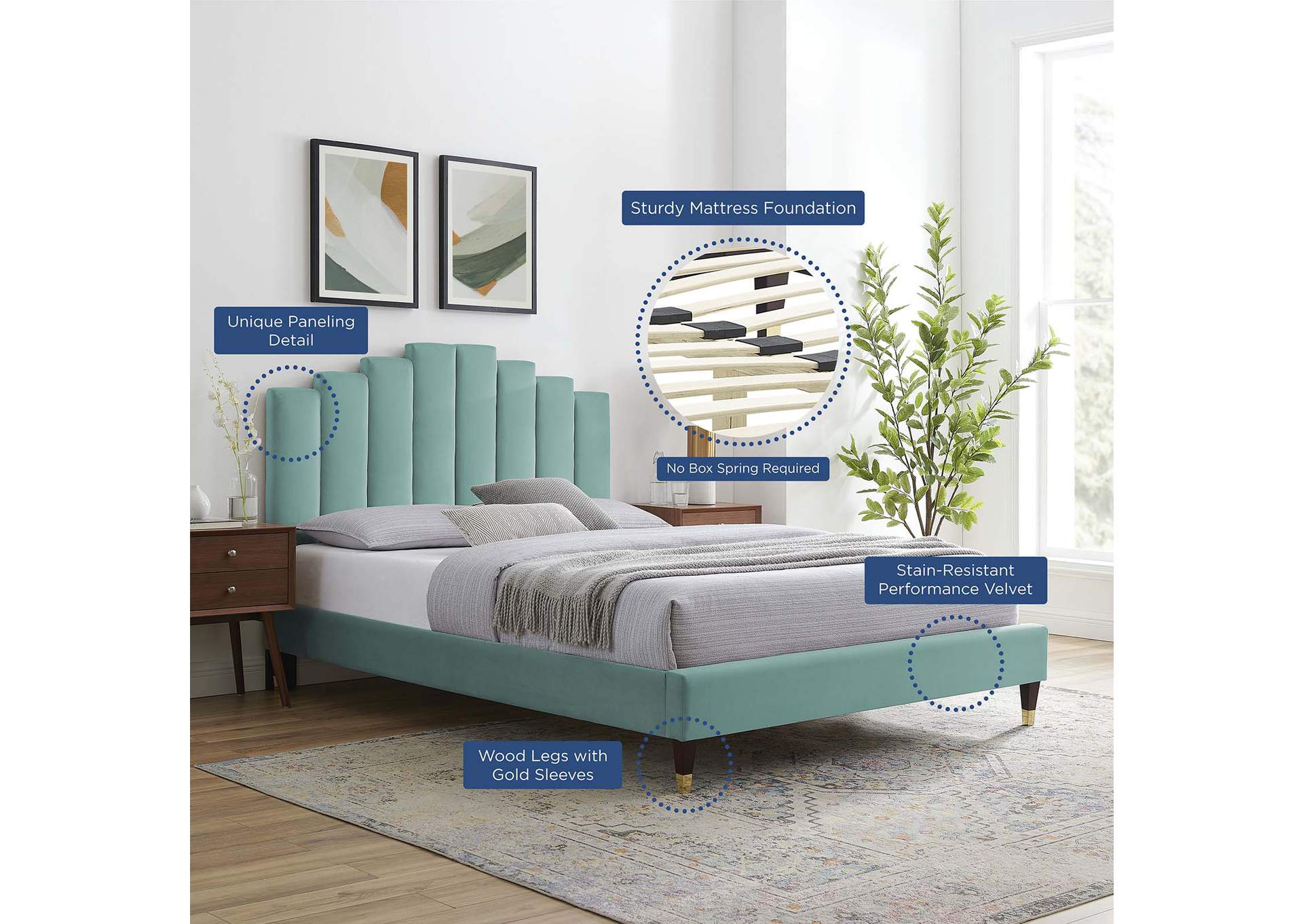 Mint Elise Queen Performance Velvet Platform Bed,Modway