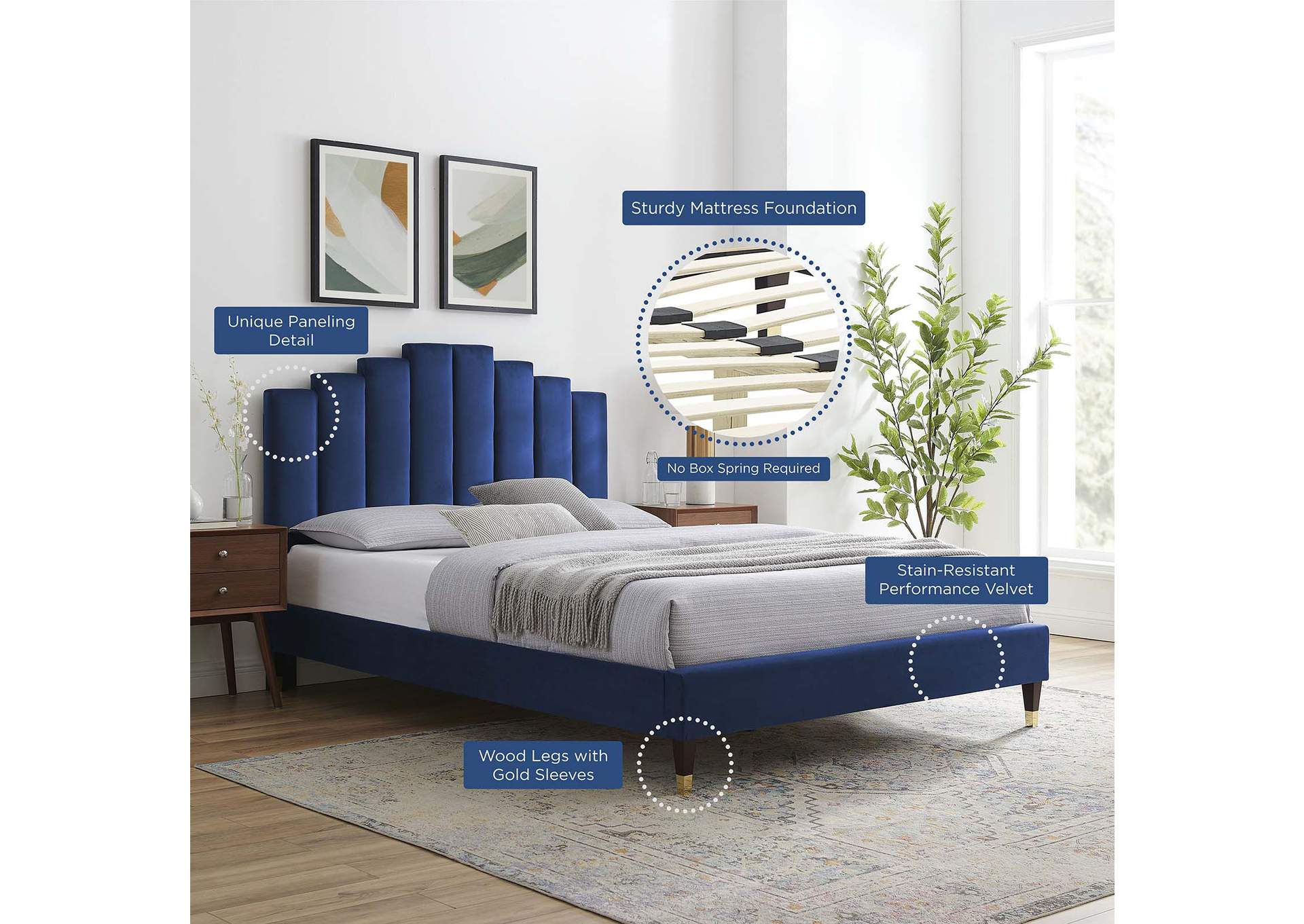 Navy Elise Queen Performance Velvet Platform Bed,Modway
