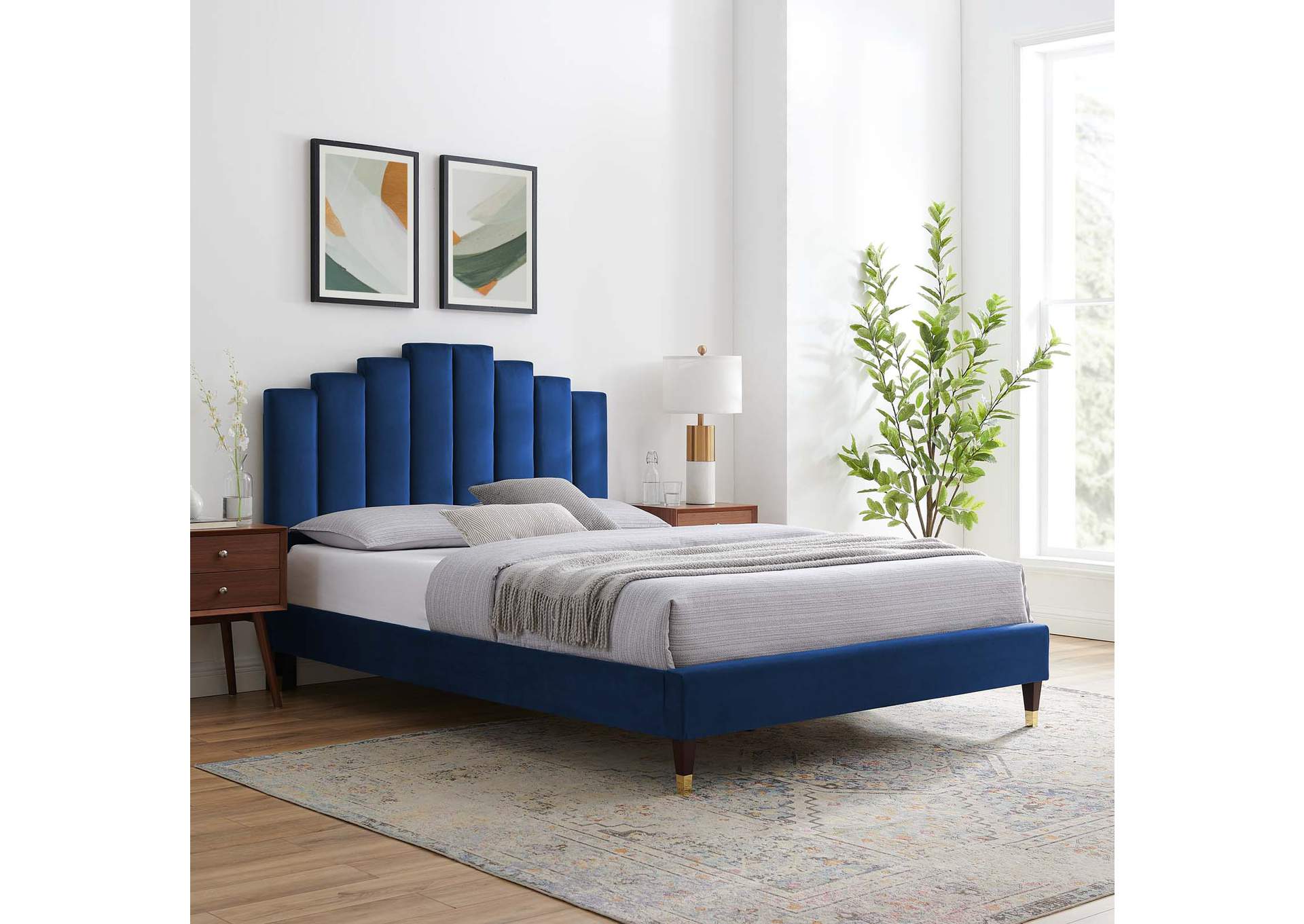Navy Elise Queen Performance Velvet Platform Bed,Modway
