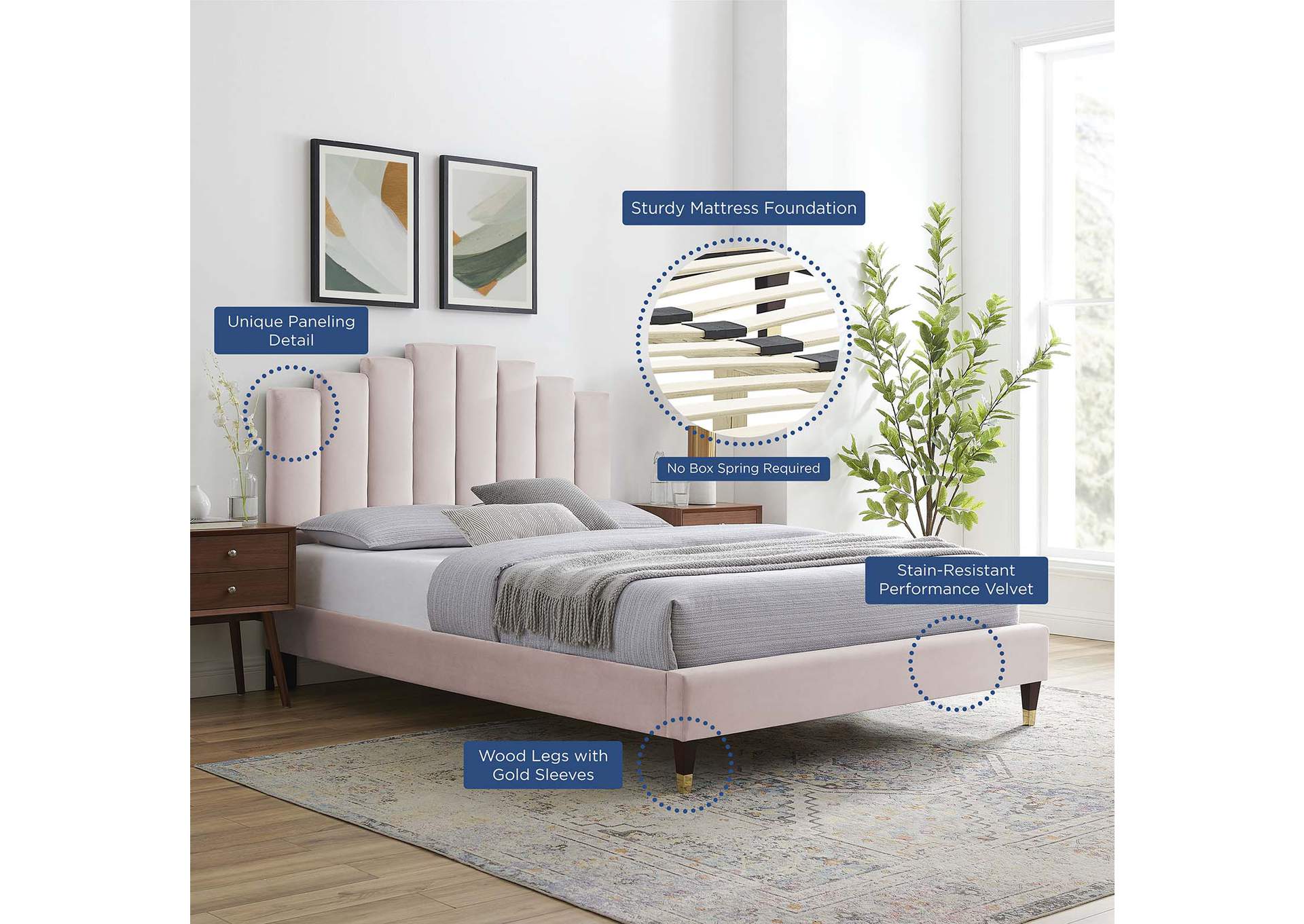Pink Elise Queen Performance Velvet Platform Bed,Modway