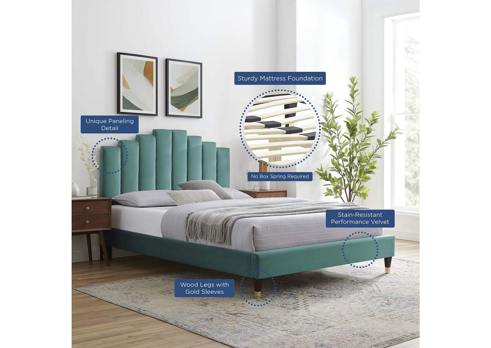 Teal Elise Queen Performance Velvet Platform Bed,Modway