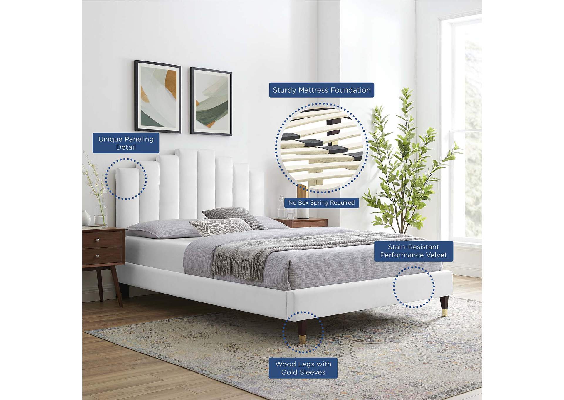 White Elise Queen Performance Velvet Platform Bed,Modway