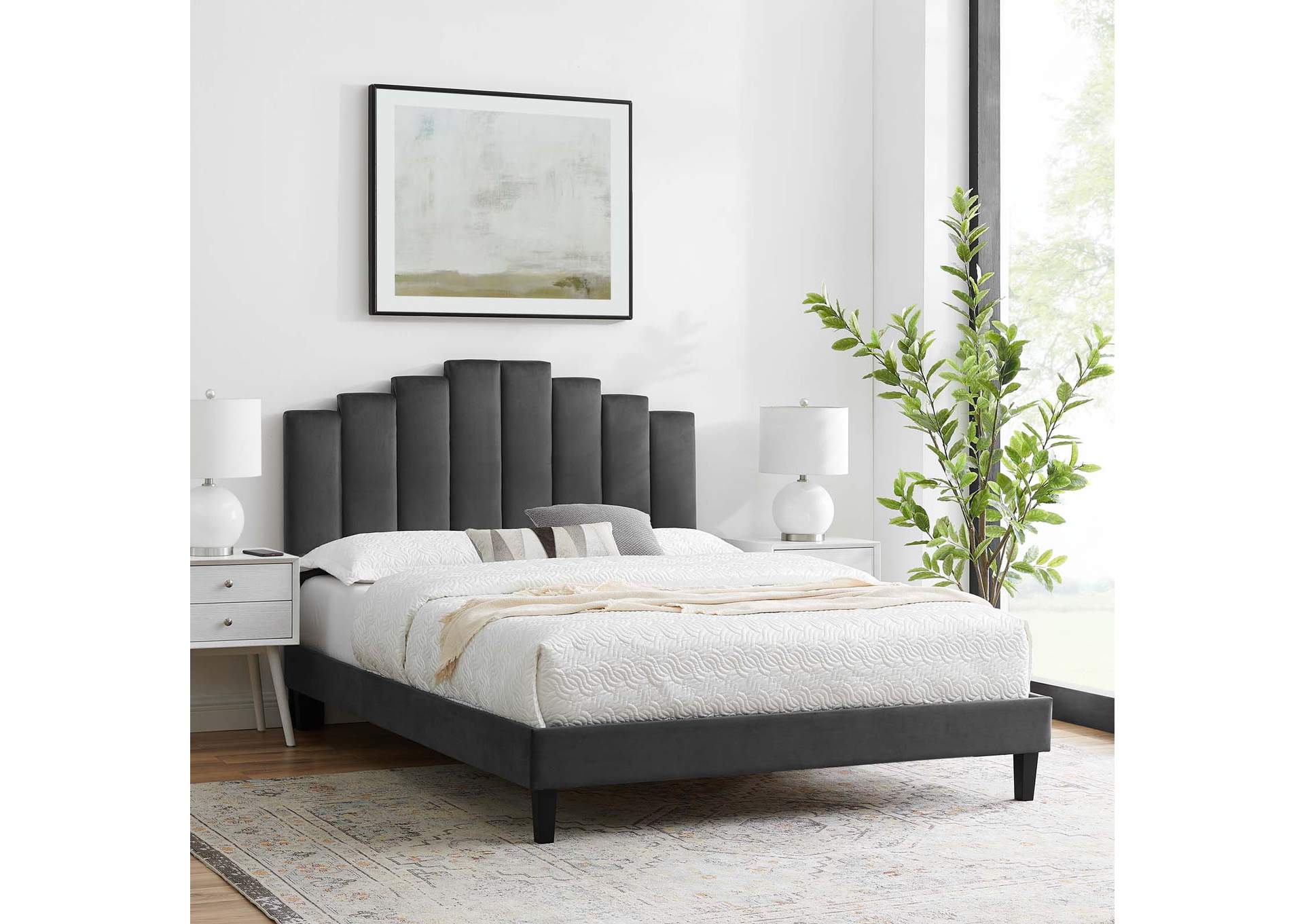 Charcoal Elise Queen Performance Velvet Platform Bed,Modway