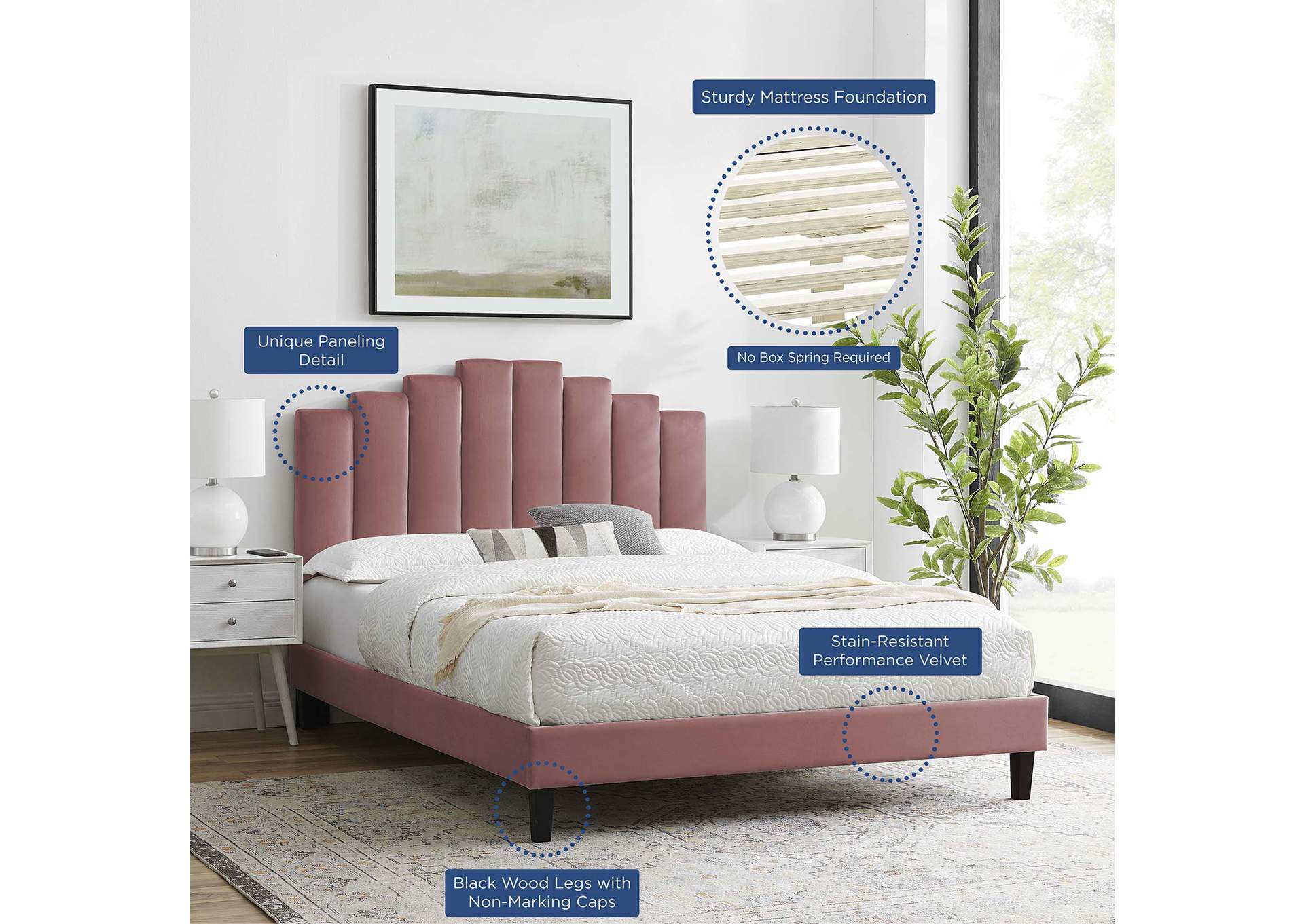 Dusty Rose Elise Queen Performance Velvet Platform Bed,Modway