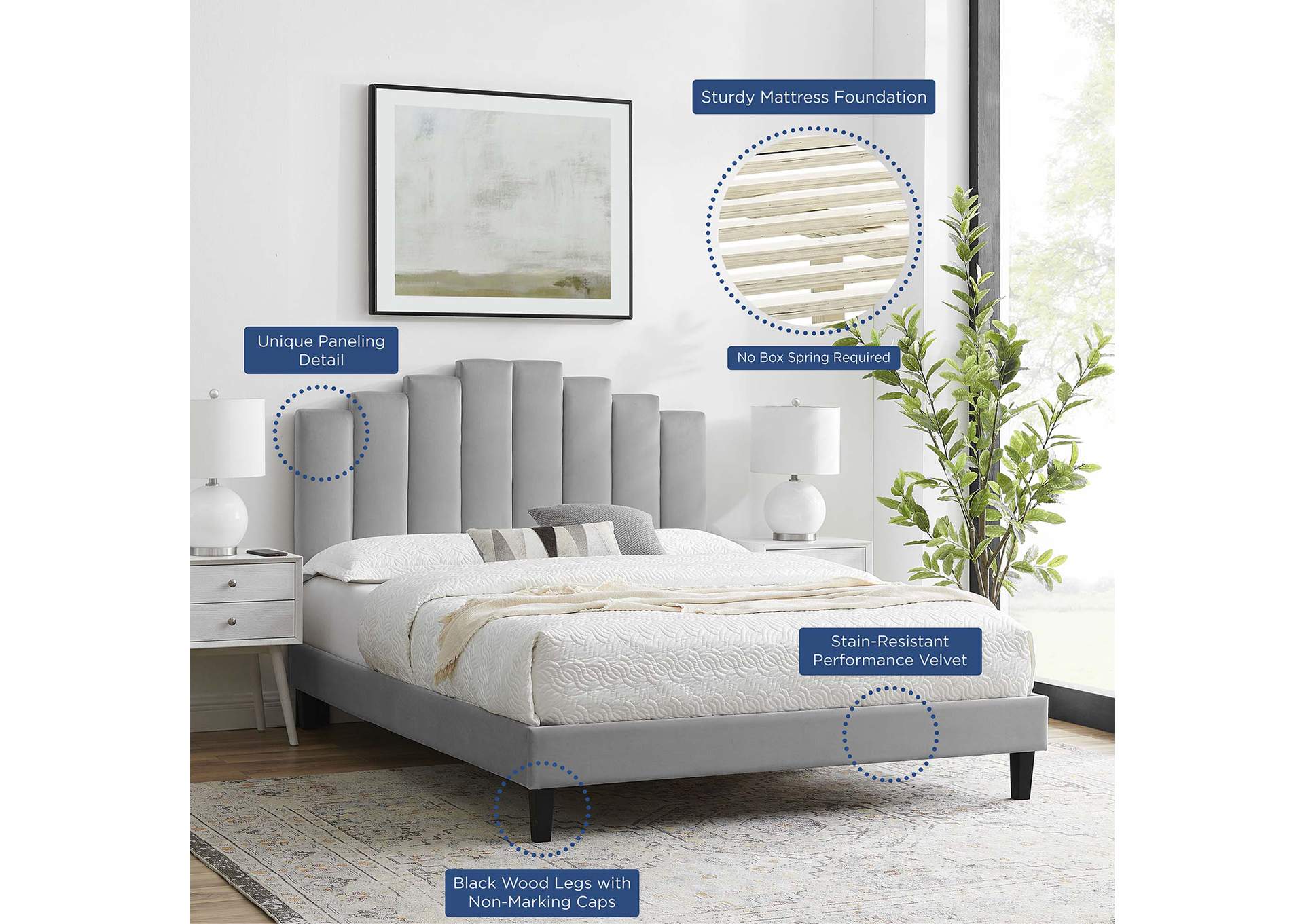 Light Gray Elise Queen Performance Velvet Platform Bed,Modway