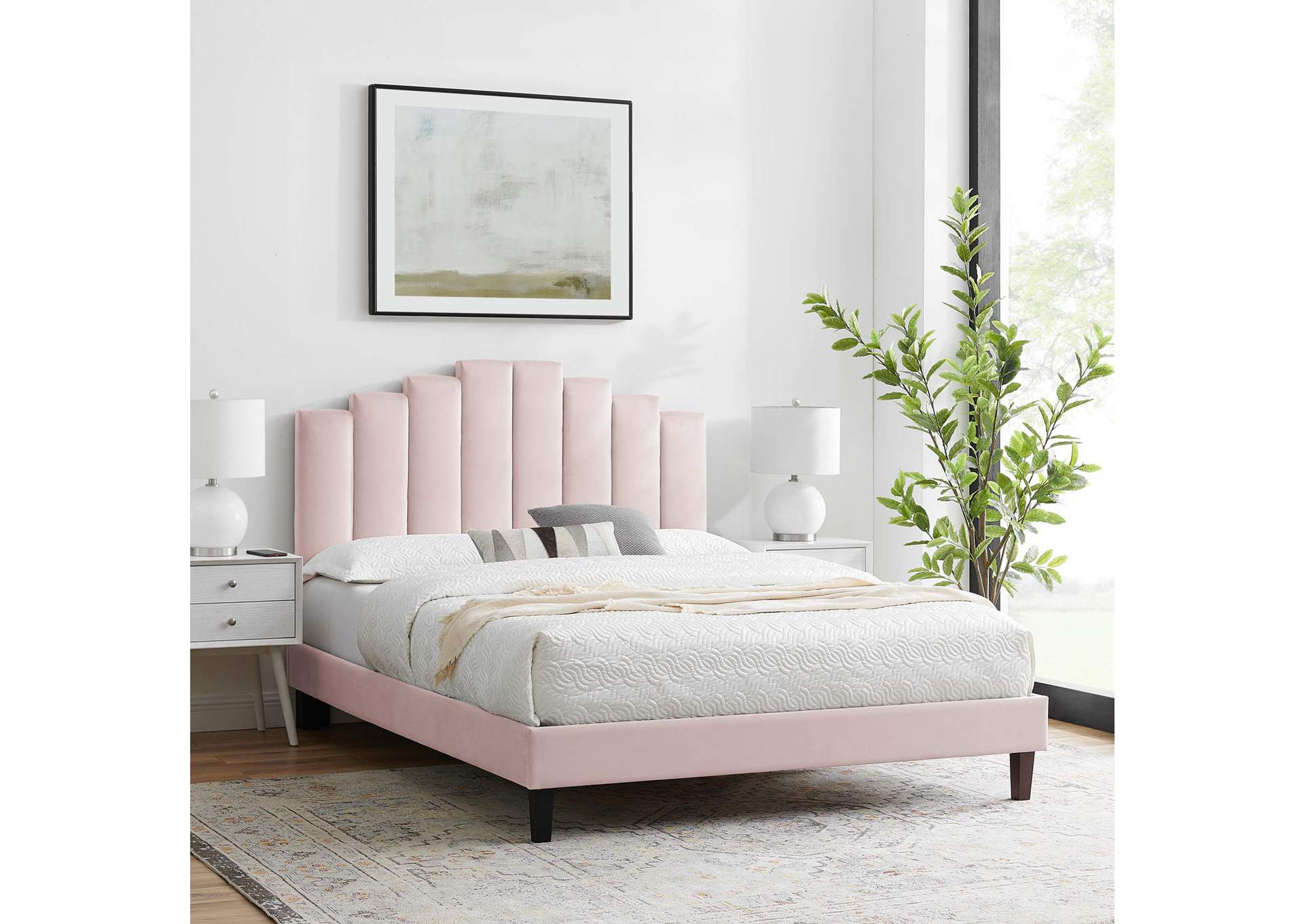 Pink Elise Queen Performance Velvet Platform Bed,Modway