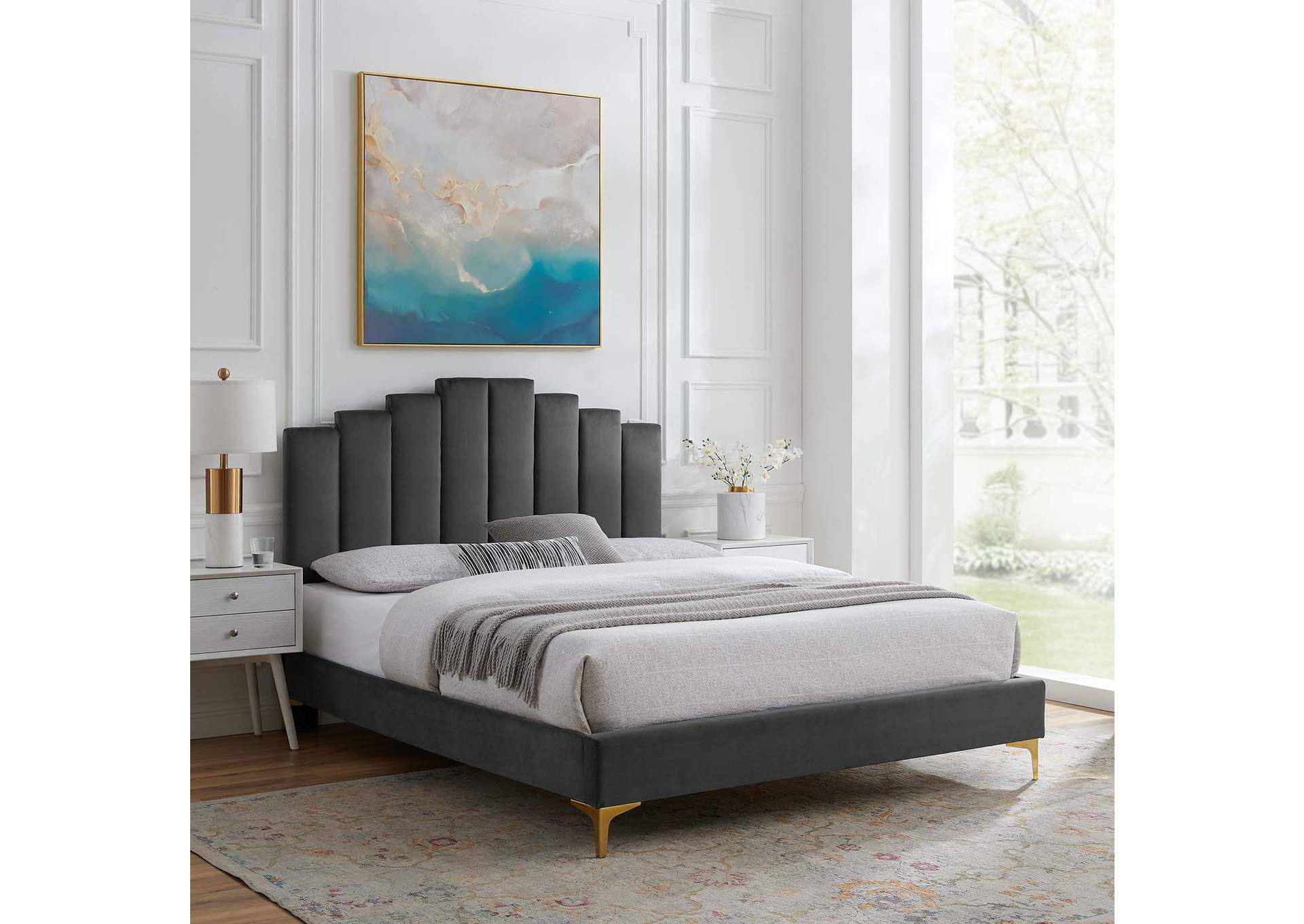 Charcoal Elise Queen Performance Velvet Platform Bed,Modway