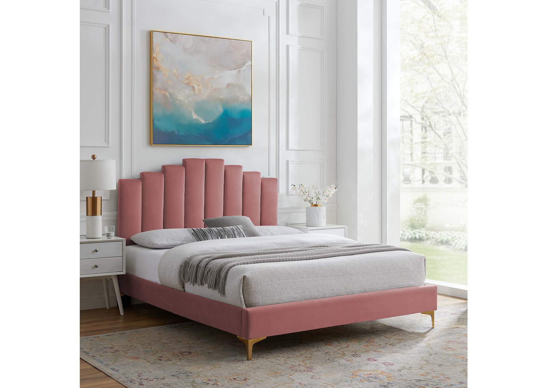 Dusty Rose Elise Queen Performance Velvet Platform Bed,Modway