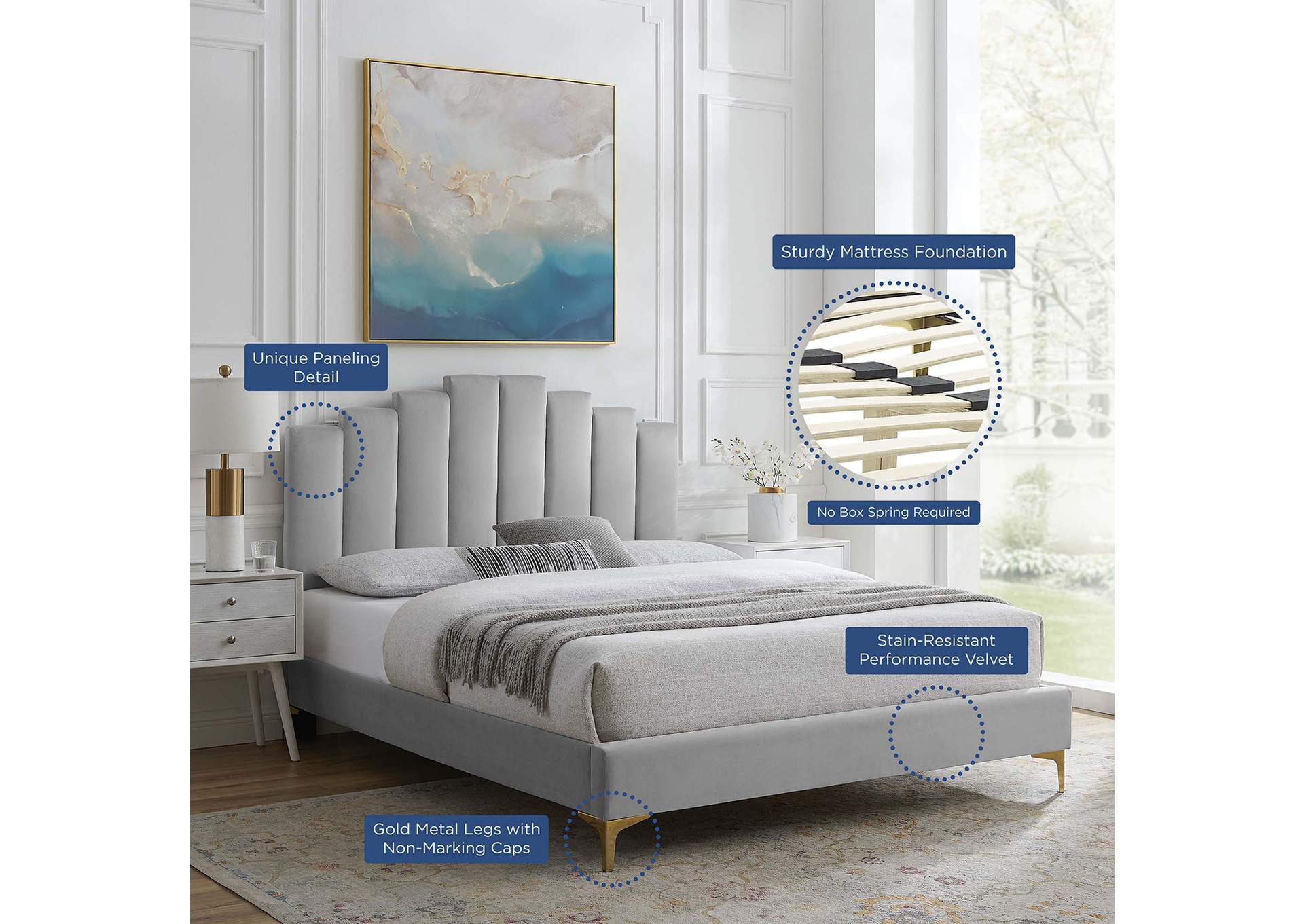 Light Gray Elise Queen Performance Velvet Platform Bed,Modway
