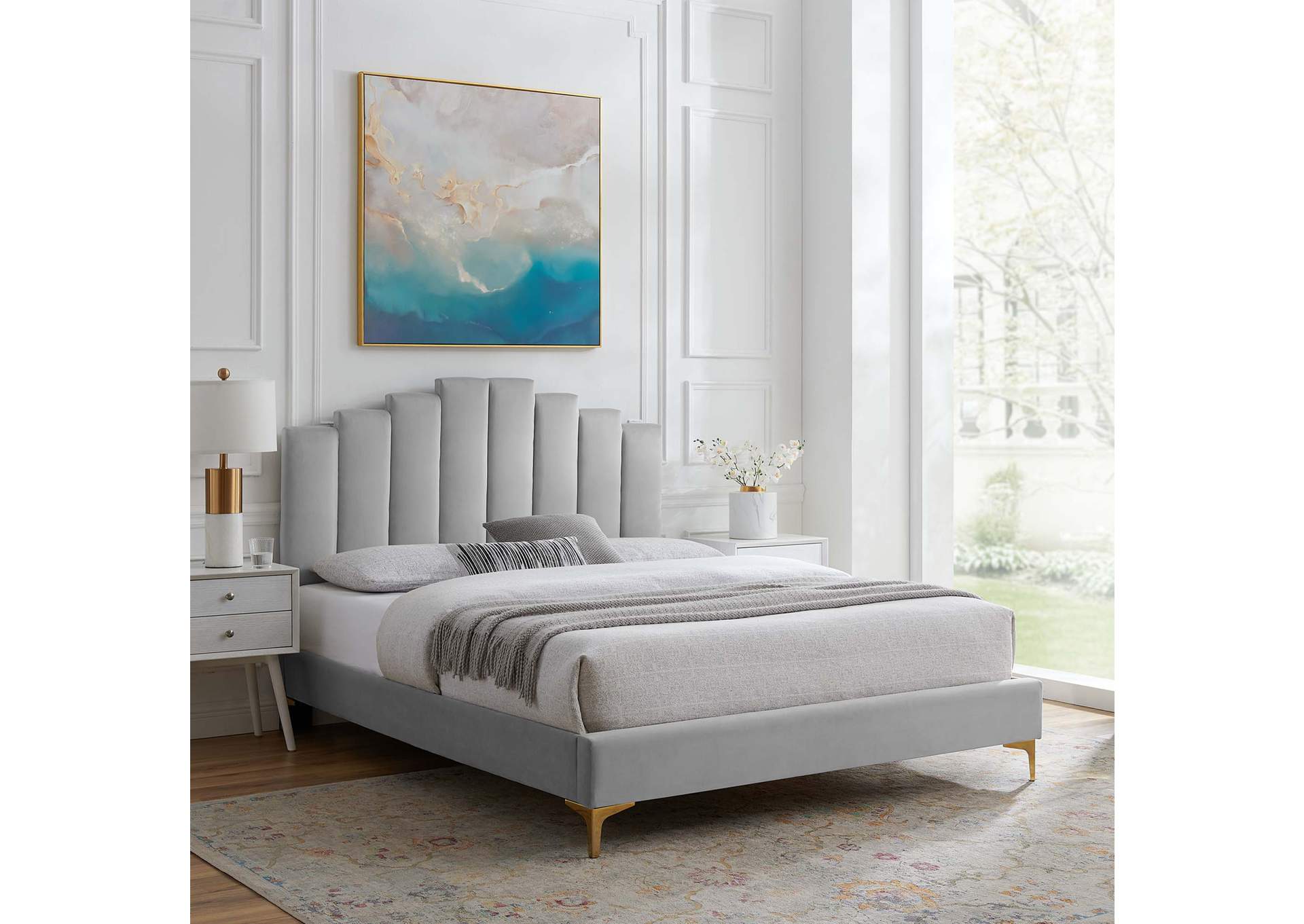 Light Gray Elise Queen Performance Velvet Platform Bed,Modway