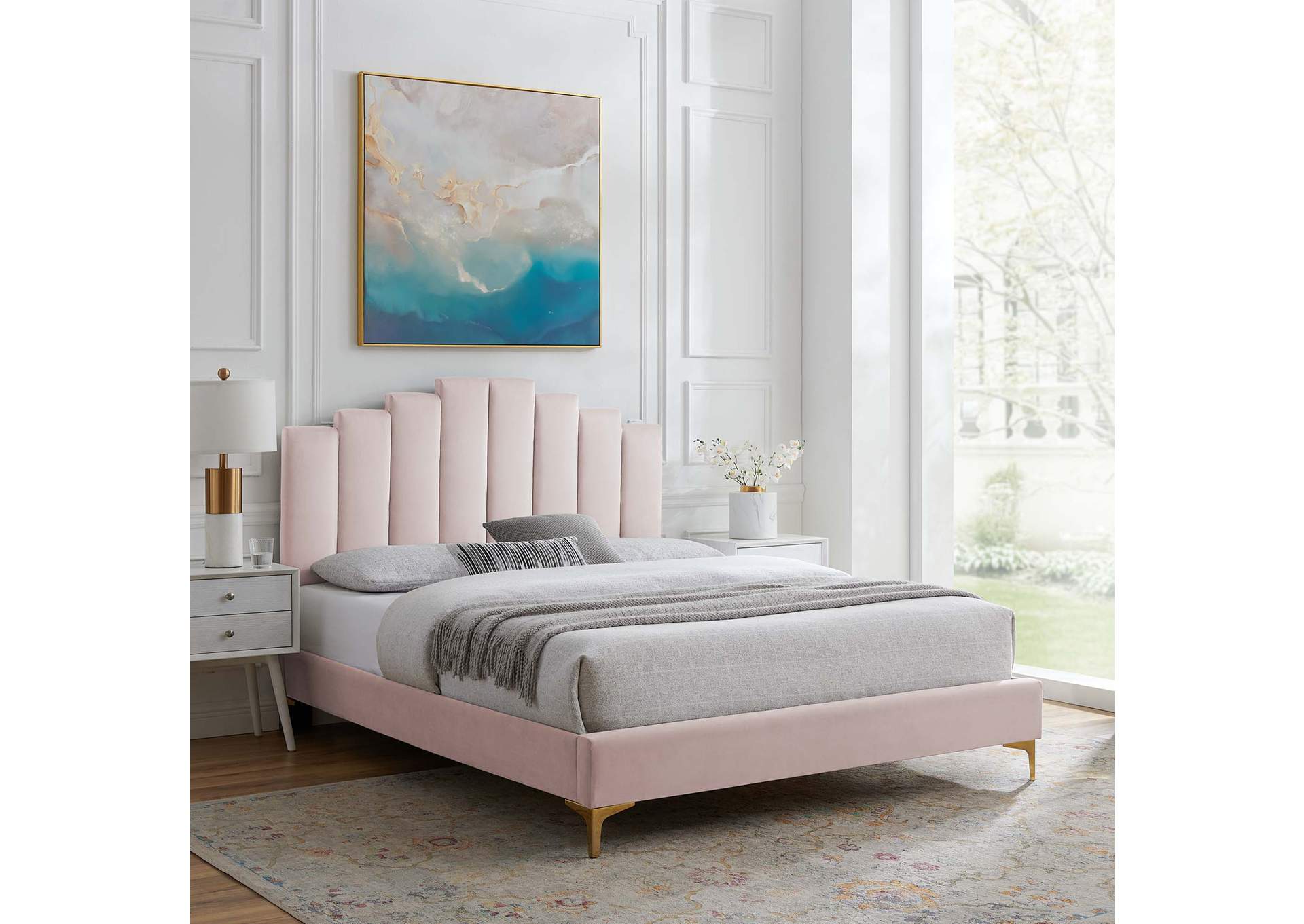 Pink Elise Queen Performance Velvet Platform Bed,Modway