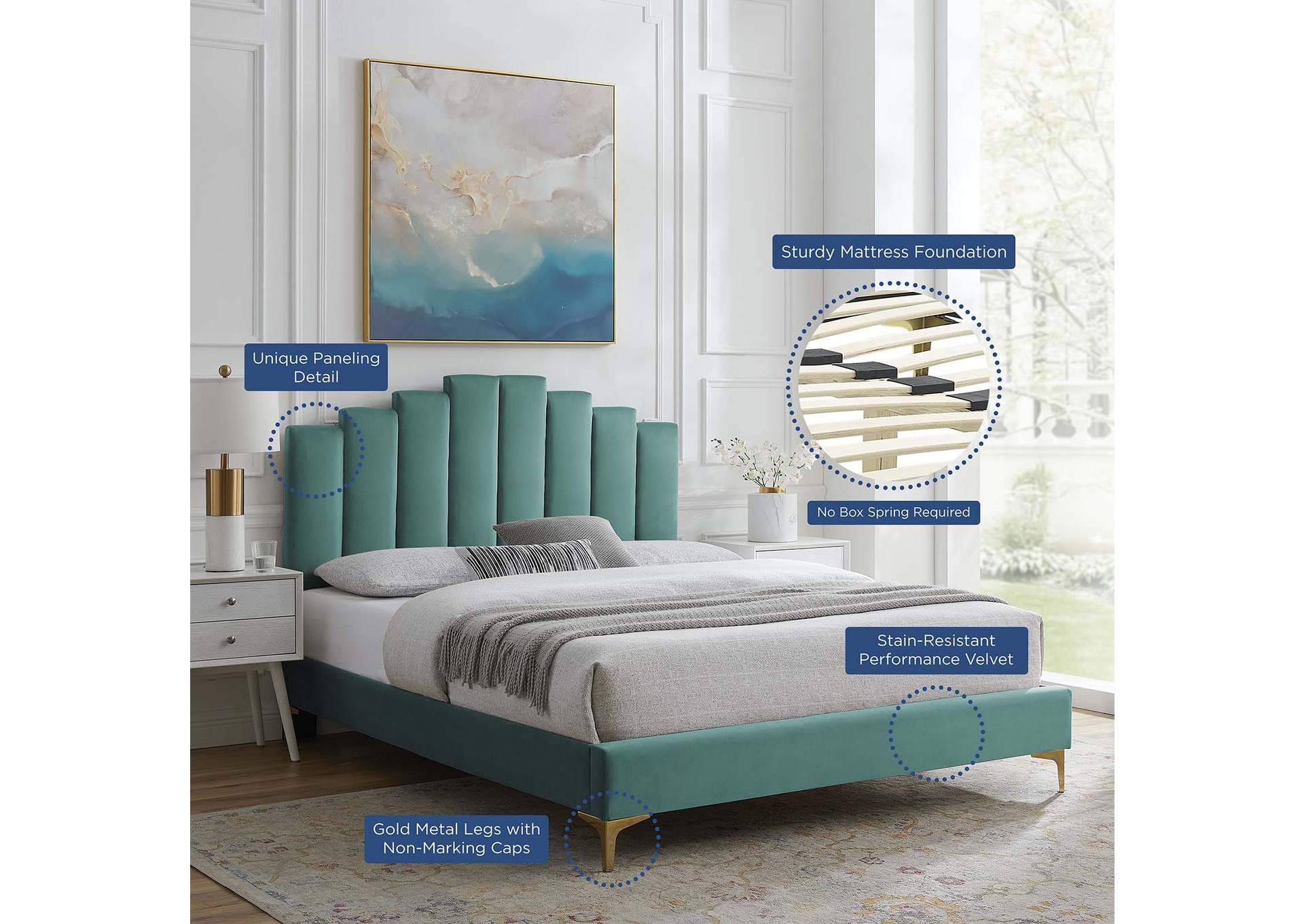 Teal Elise Queen Performance Velvet Platform Bed,Modway