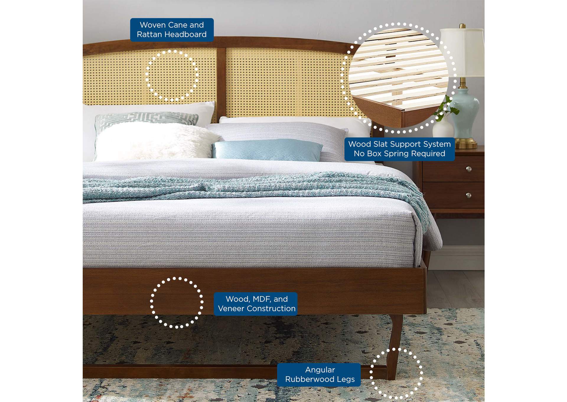 Walnut Sierra Cane and Wood King Platform Bed With Angular Legs,Modway