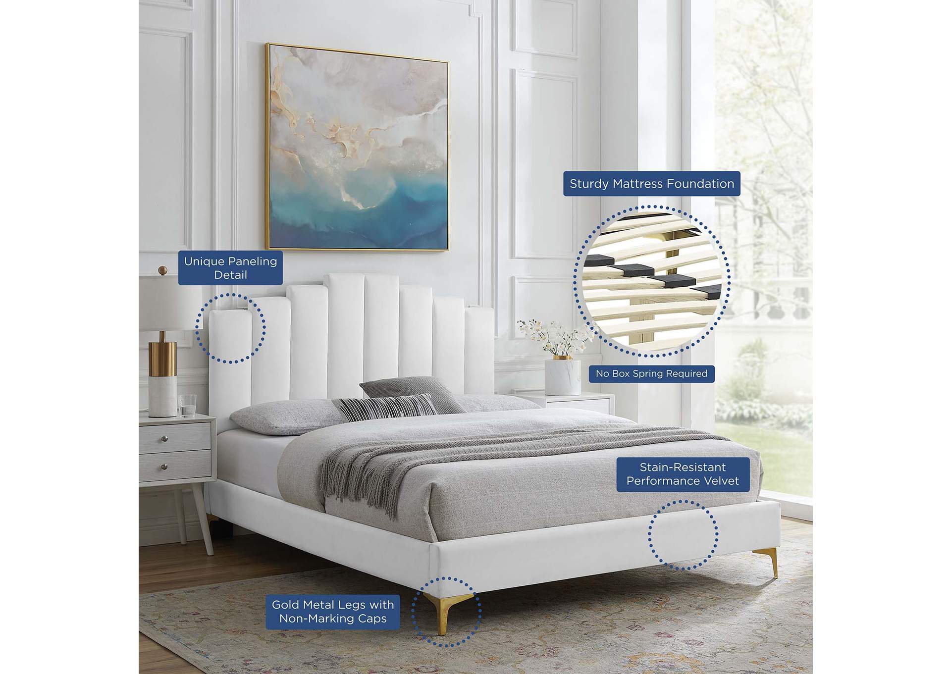 White Elise Twin Performance Velvet Platform Bed,Modway