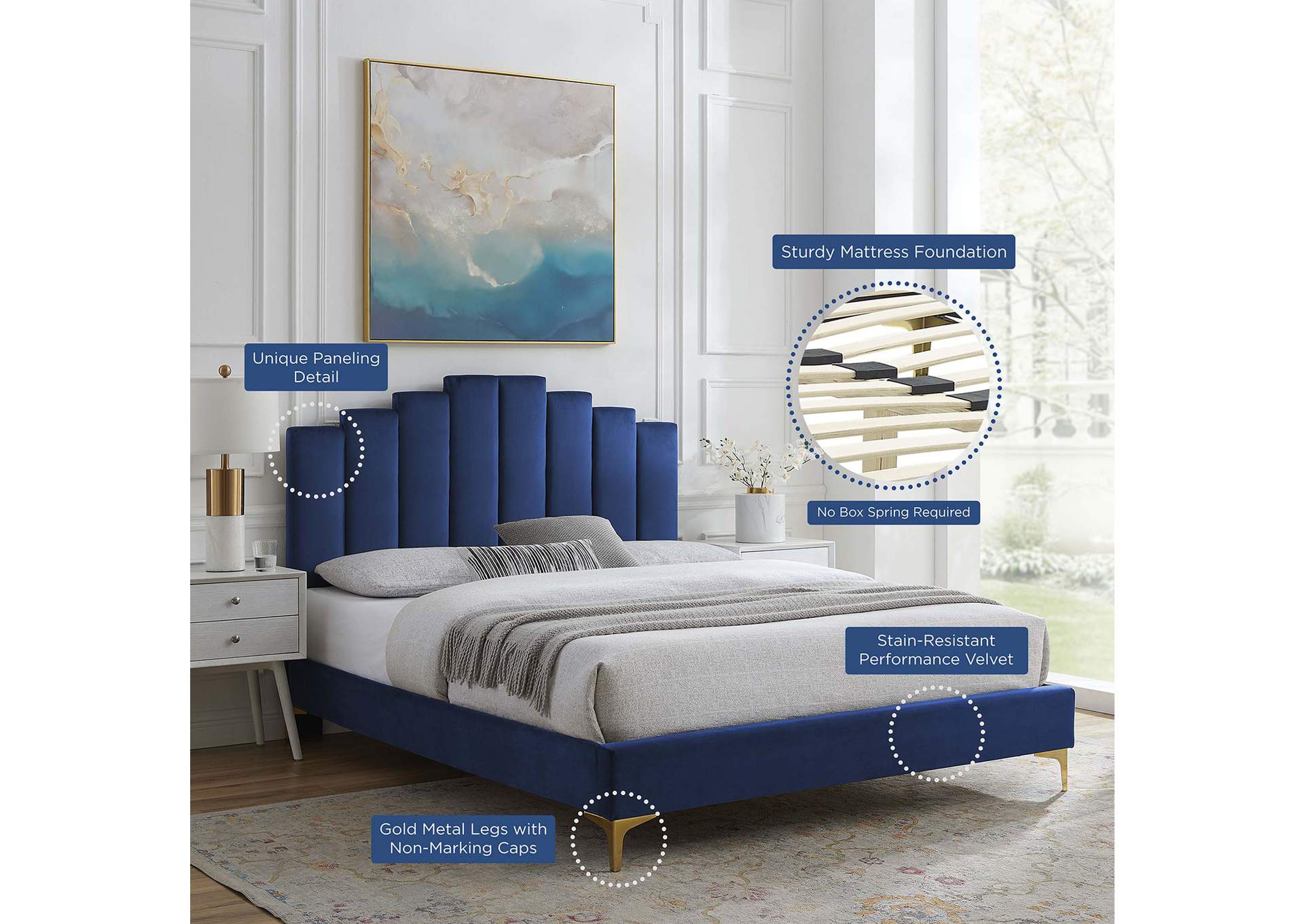 Navy Elise Full Performance Velvet Platform Bed,Modway