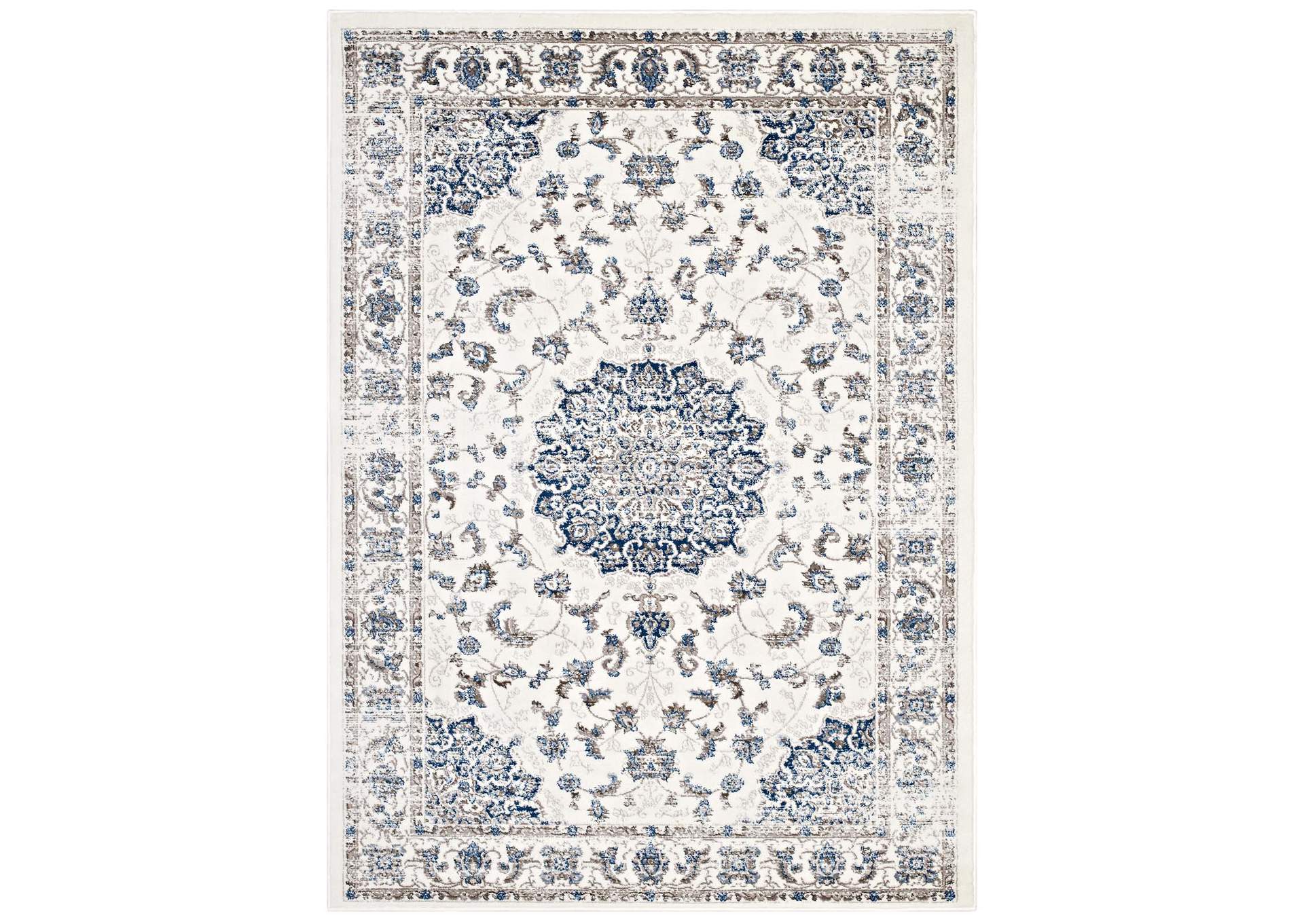 Ivory and Moroccan Blue Lilja Distressed Vintage Persian Medallion 5x8 Area Rug,Modway