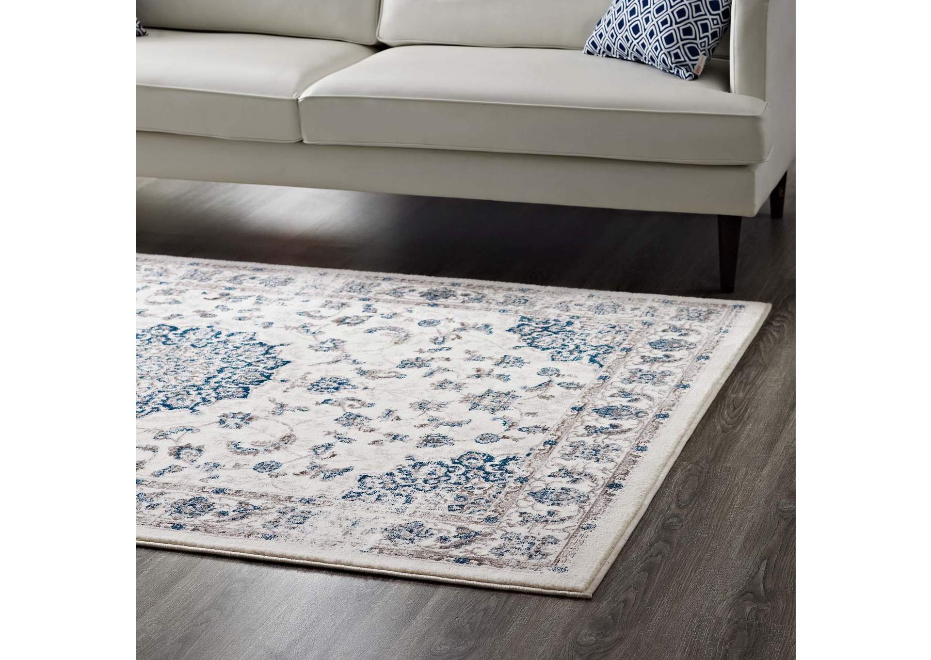 Ivory and Moroccan Blue Lilja Distressed Vintage Persian Medallion 8x10 Area Rug,Modway