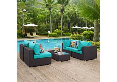 Espresso Turquoise Convene 5 Piece Outdoor Patio Sectional Set