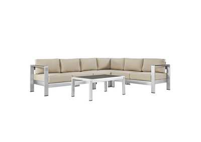 Image for Silver Beige Shore 5 Piece Outdoor Patio Aluminum Sectional Sofa Set
