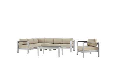 Image for Silver Beige Shore 6 Piece Outdoor Patio Aluminum Sectional Sofa Set