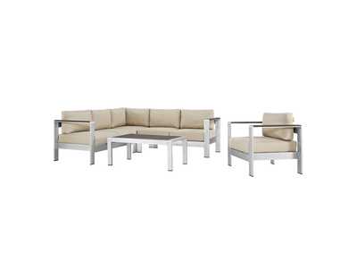 Image for Silver Beige Shore 5 Piece Outdoor Patio Aluminum Sectional Sofa Set