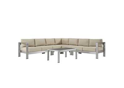 Image for Silver Beige Shore 6 Piece Outdoor Patio Aluminum Sectional Sofa Set