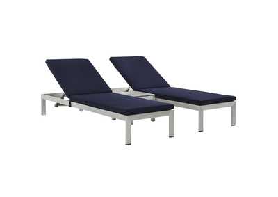 Image for Silver Navy Shore 3 Piece Outdoor Patio Aluminum Chaise with Cushions