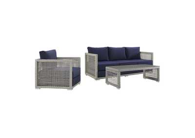 Image for Gray Navy Aura 3 Piece Outdoor Patio Wicker Rattan Set