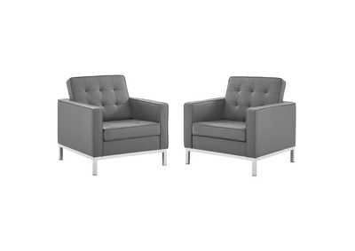 Image for Silver Gray Loft Tufted Upholstered Faux Leather Arm Chair [Set of 2]