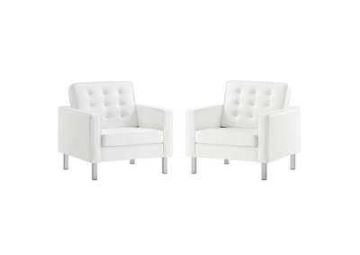 Image for Silver White Loft Tufted Upholstered Faux Leather Arm Chair [Set of 2]