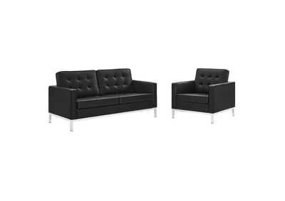 Image for Silver Black Loft Tufted Upholstered Faux Leather Loveseat and Armchair Set