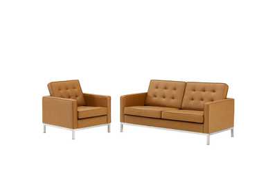Image for Silver Tan Loft Tufted Upholstered Faux Leather Loveseat and Armchair Set