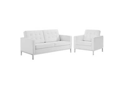 Image for Silver White Loft Tufted Upholstered Faux Leather Loveseat and Armchair Set