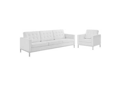 Image for Silver White Loft Tufted Upholstered Faux Leather Sofa and Armchair Set
